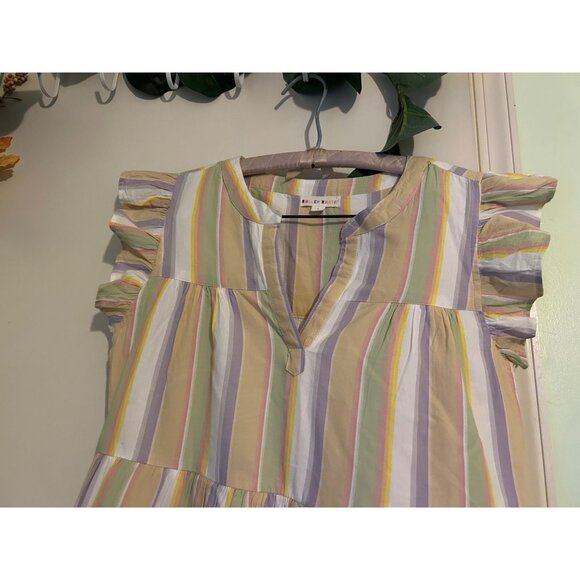 Roller Rabbit Dress Sz Small Flutter Sleeve Lavender Butter Yellow Tiered Ruffle - Picture 8 of 14